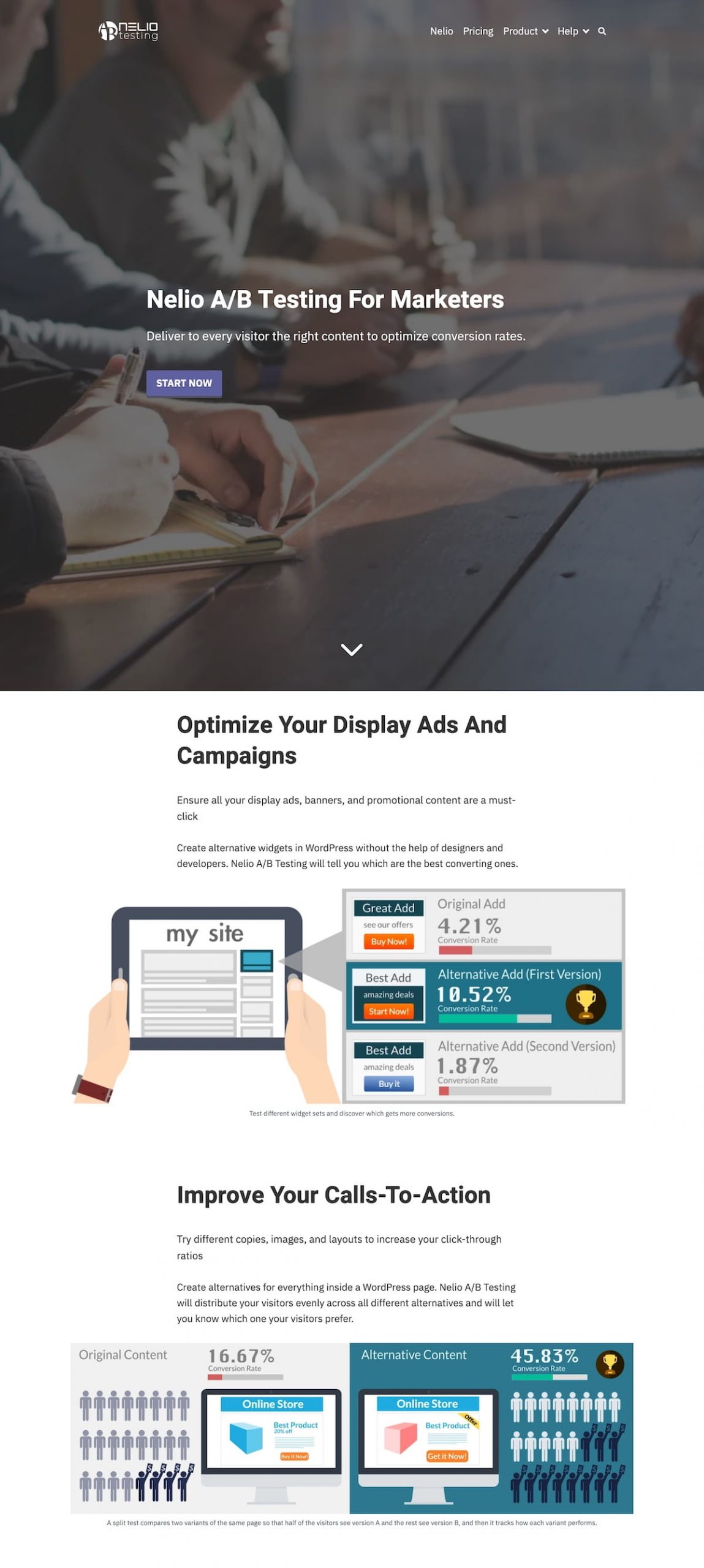 Captura parcial da landing page do Nelio A/B Testing for marketers
