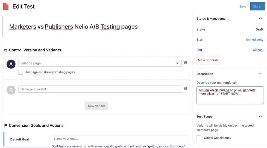 Definindo um teste A/B de duas páginas com o Nelio A/B Testing