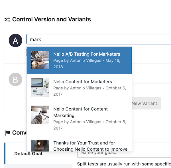 Selecionando uma página como uma versão de controle de um teste A/B