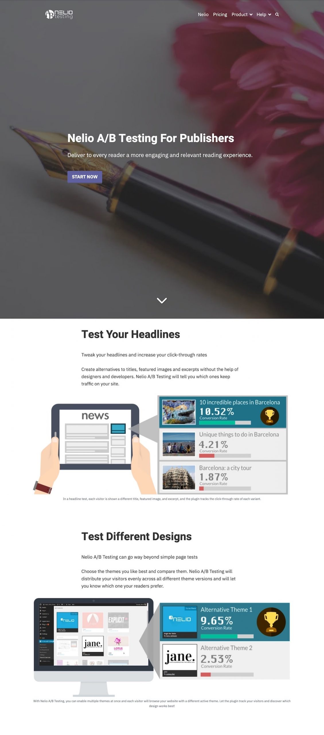 Captura parcial da landing page do Nelio A/B Testing for publishers