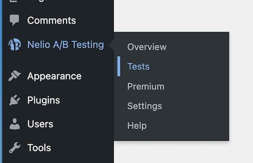 Opções do menu do plug-in do Nelio A/B Testing