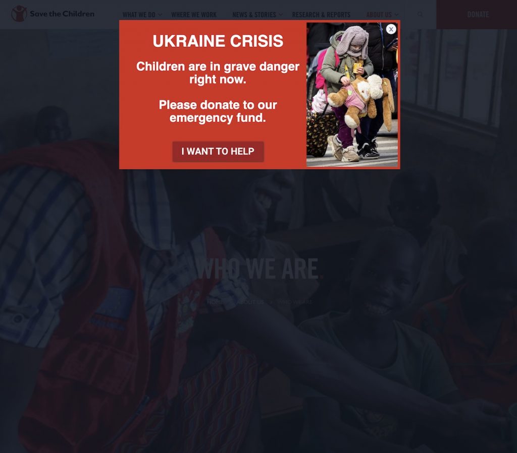Popup exibido no site Save The Children