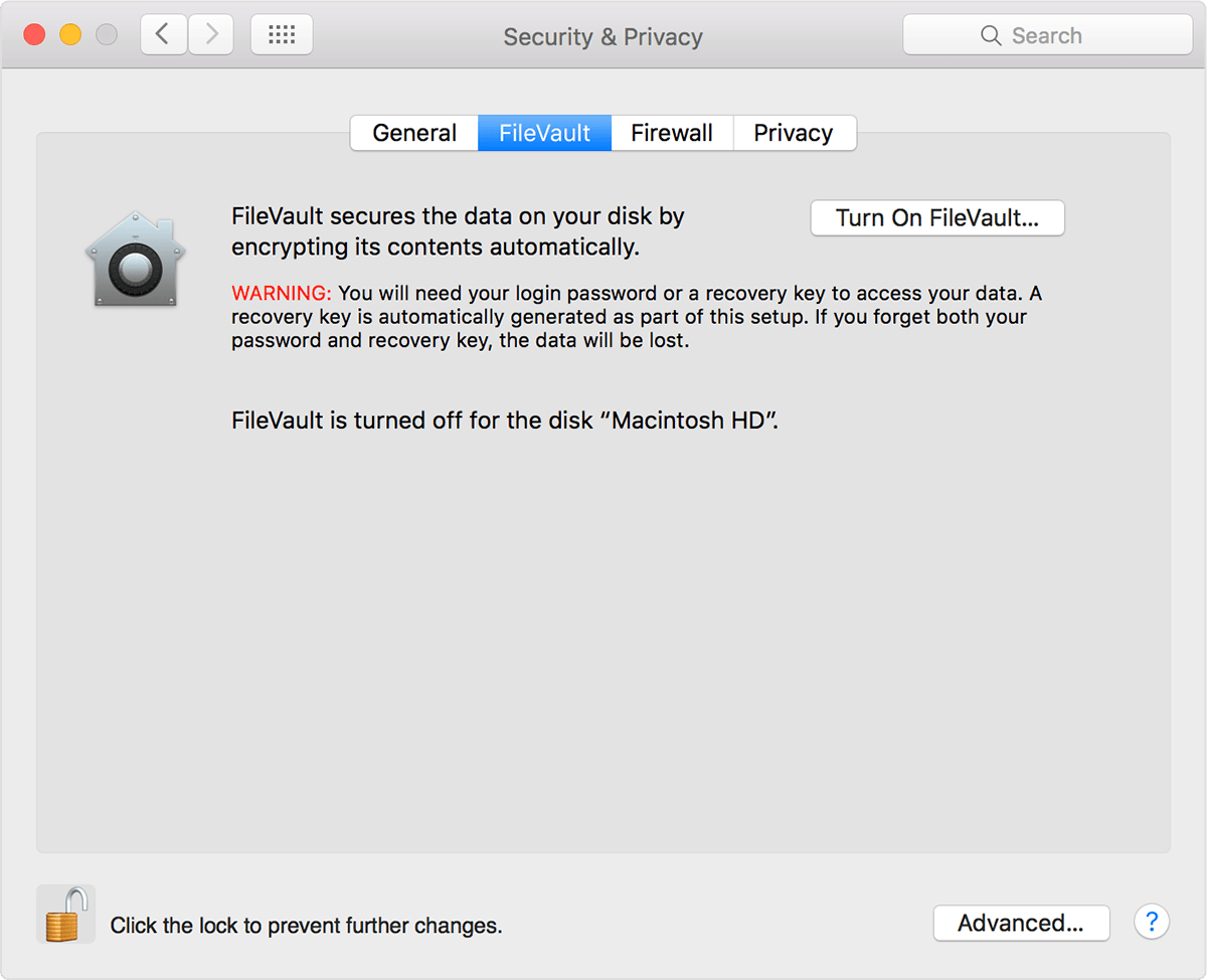 Criptografia do FileVault desativada
