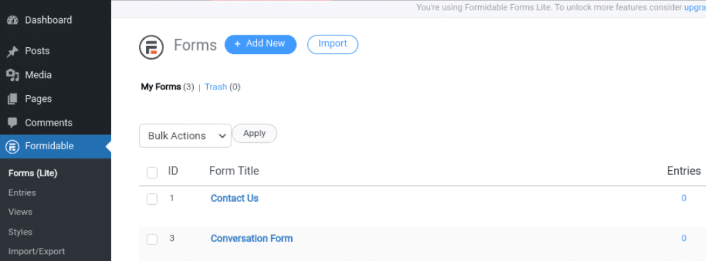 Adicionando um novo formulário usando o Formidable Forms