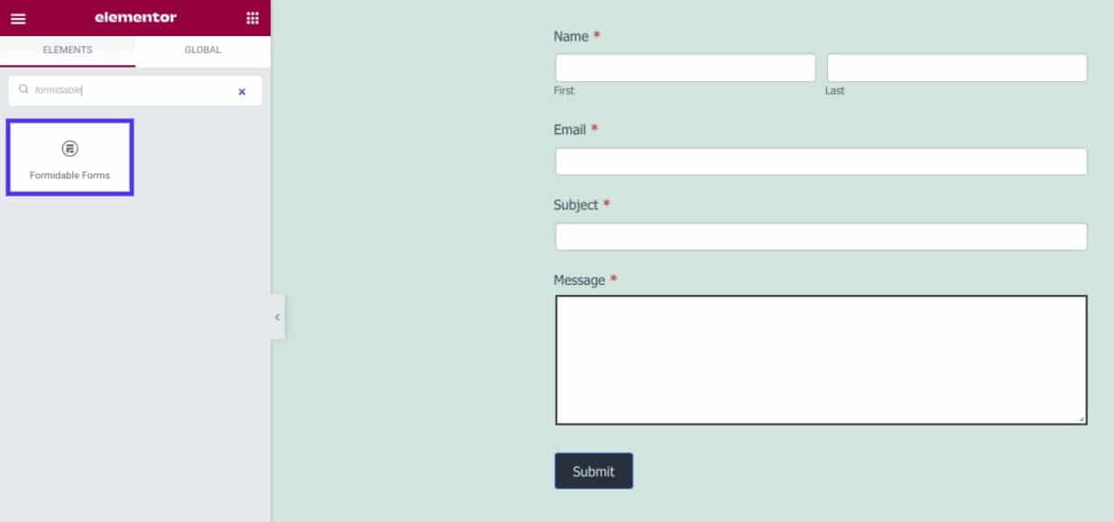 Selecionando o widget Formidable Forms no Elementor.