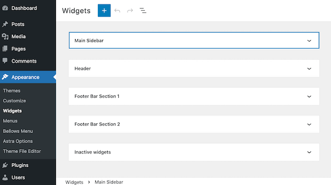 barra lateral de widgets de aparência Configuring the collapsible sidebar menu.