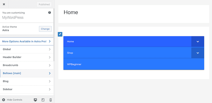 wordpress-customizer-recolhível Configuring your collapsible menu in the WordPress Customizer.