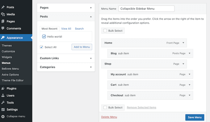menu-adicionar-postagens Adding posts to the WordPress menu.