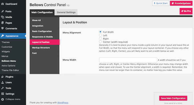 posição de layout do fole Placing the collapsible menu on the WordPress website.