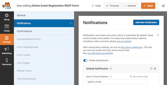 wpforms-настройки-уведомления Customizing the WPForms email and notification settings.
