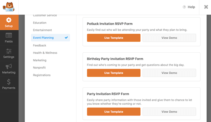 wpforms-планирование событий The WPForms template library.