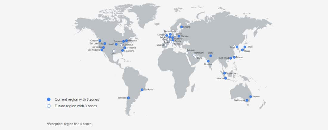 Globalna mapa stref Google Cloud na całym świecie.