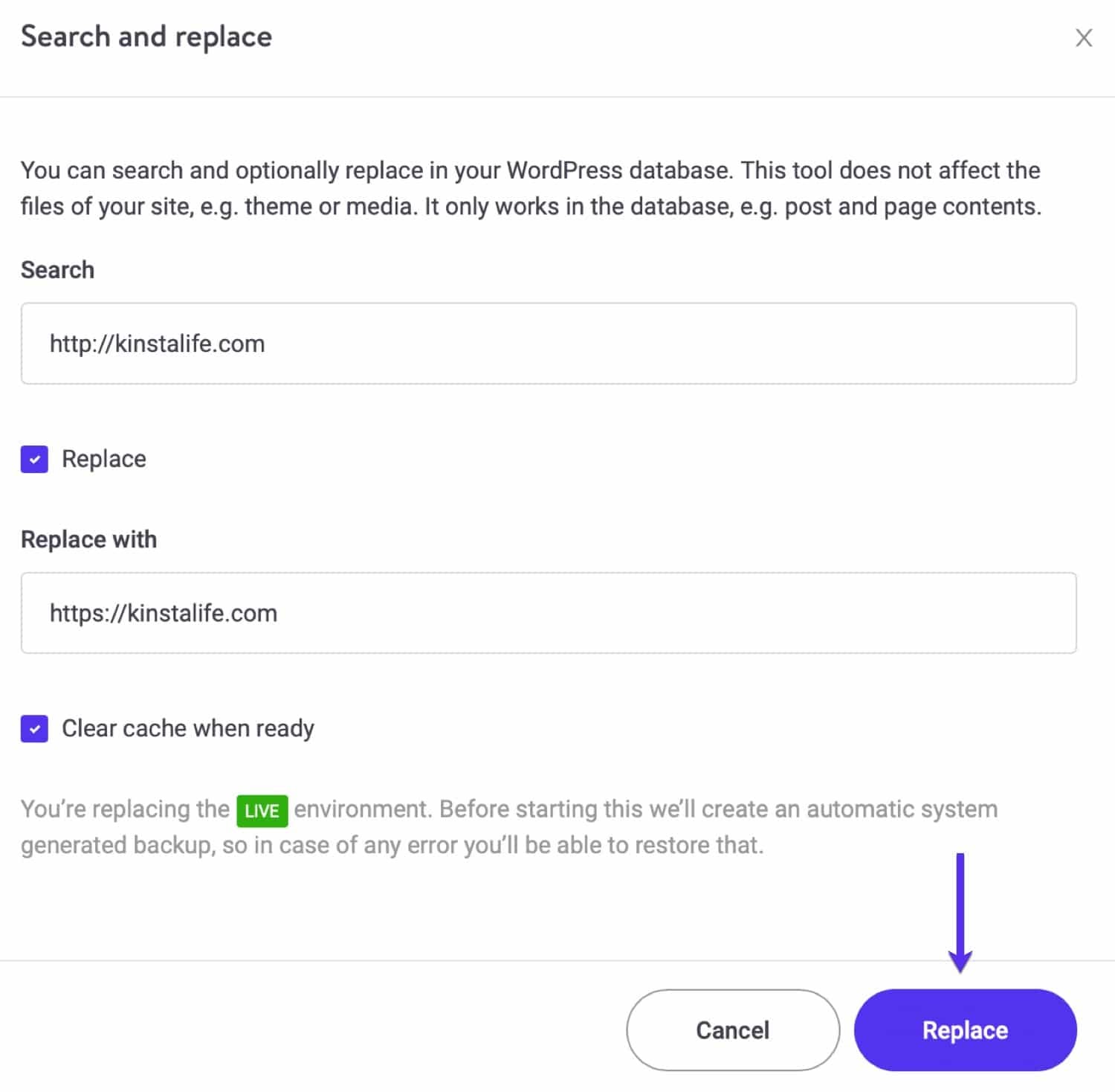 Korzystanie z narzędzia Kinsta „Wyszukaj i zamień” w MyKinsta.