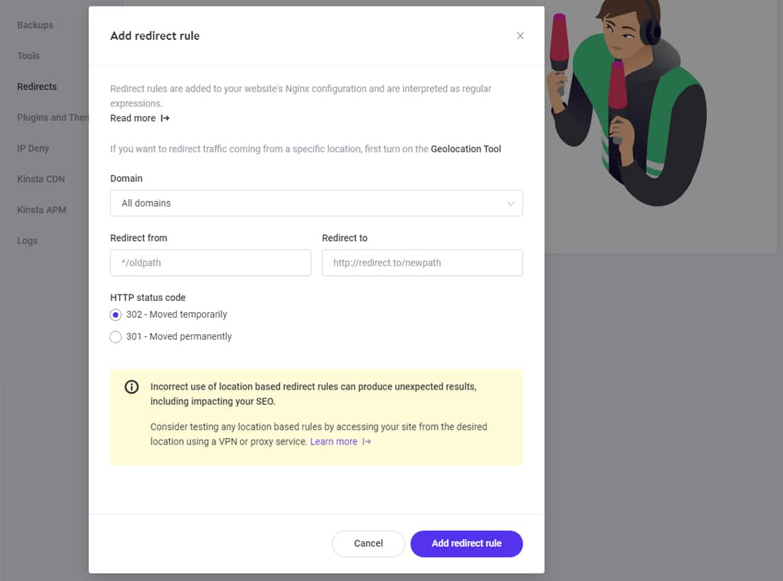 Używanie wyrażenia regularnego do dostosowywania przekierowań w narzędziu do przekierowywania adresów URL MyKinsta.
