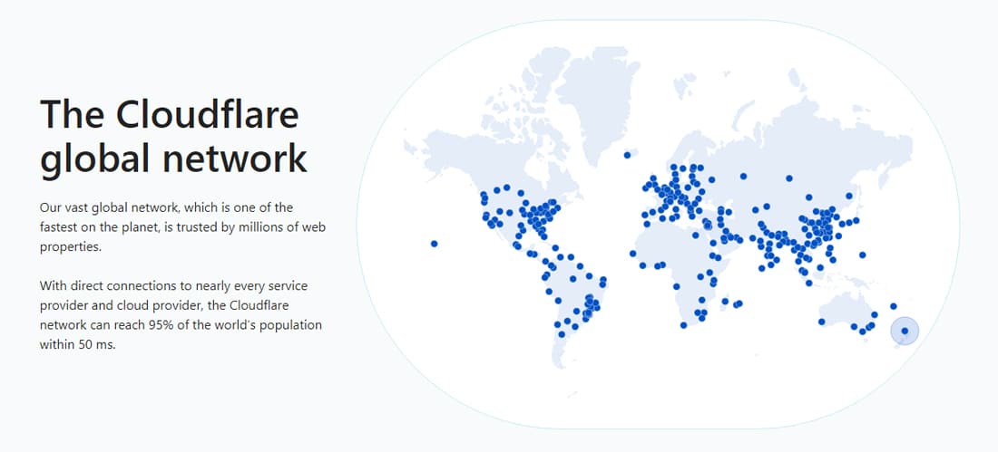 Zrzut ekranu ze strony internetowej Cloudflare przedstawiający globalną mapę wszystkich jej punktów POP.