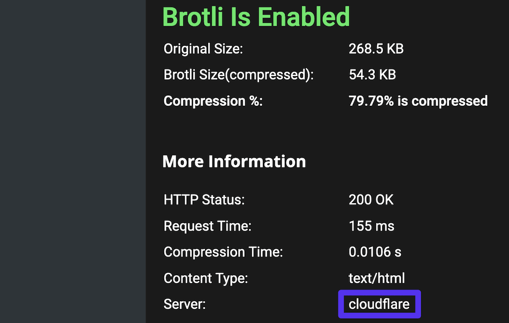 적용된 Brotli 압축 수준 및 테스트의 HTTP 상태에 대한 메트릭과 함께 Cloudflare 서버의 자산 로드를 표시하는 부분적 Gift of Speed ​​결과 페이지입니다.