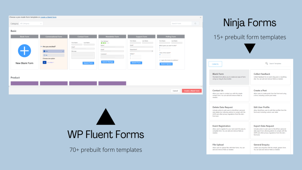 Ninja Forms 대 WP Fluent Forms - 사전 빌드된 양식 템플릿 - WordPress 양식 플러그인 비교