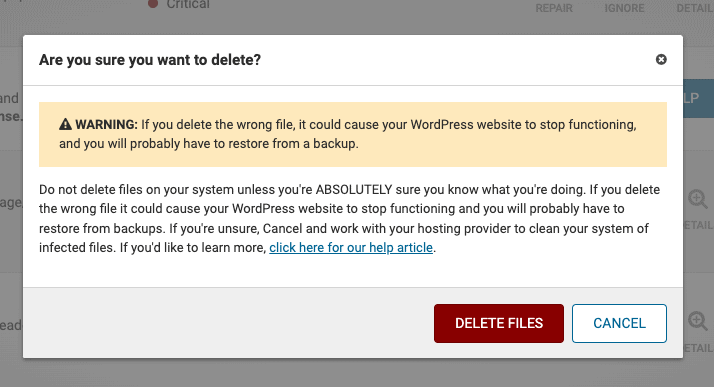 Notification de suppression de fichiers dans Wordfence
