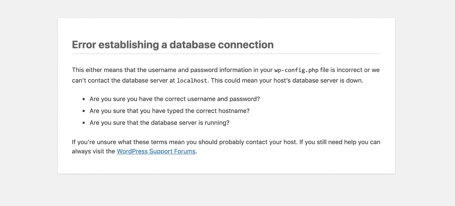 Un esempio dell'errore che stabilisce un errore di connessione al database.