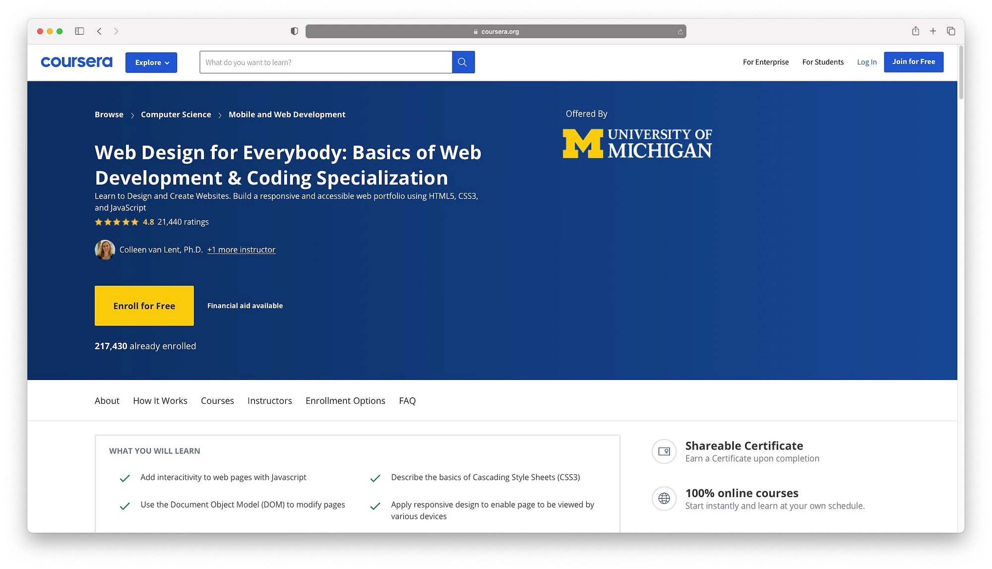 온라인 웹 디자인 과정은 University of Michigan에서 제공하는 Coursera의 무료 제안보다 저렴하지 않습니다.