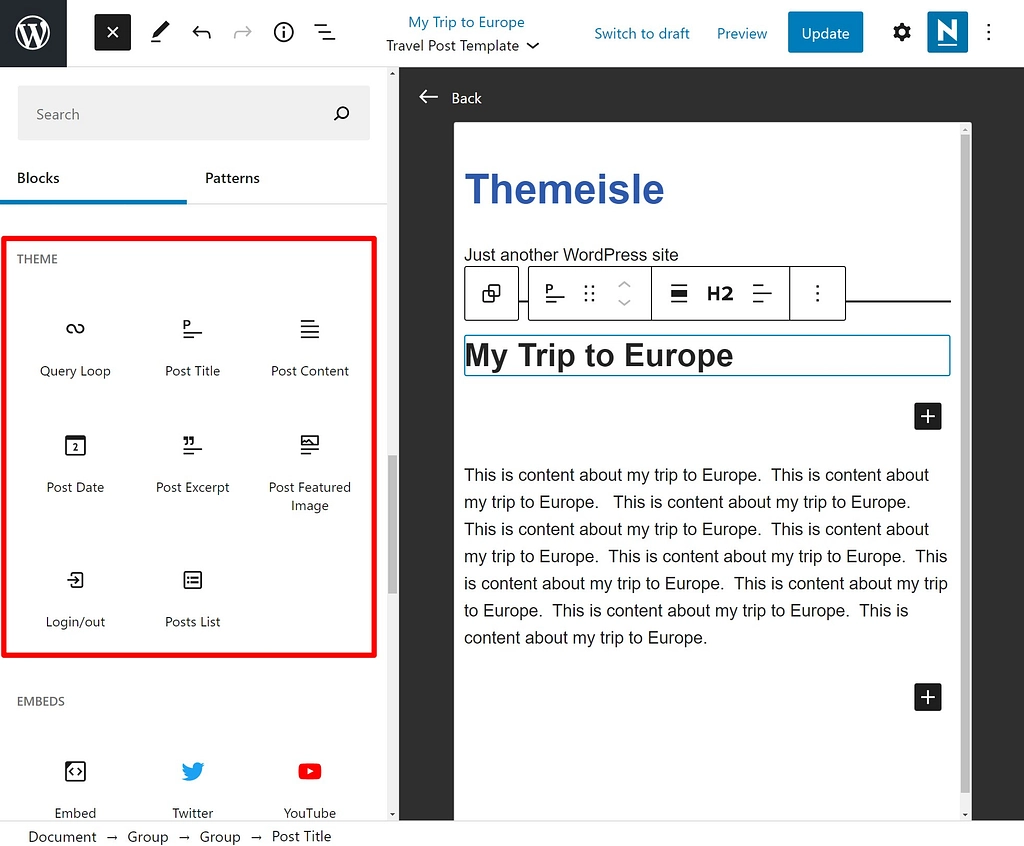 Os blocos de tema ajudam você a criar modelos de postagem personalizados