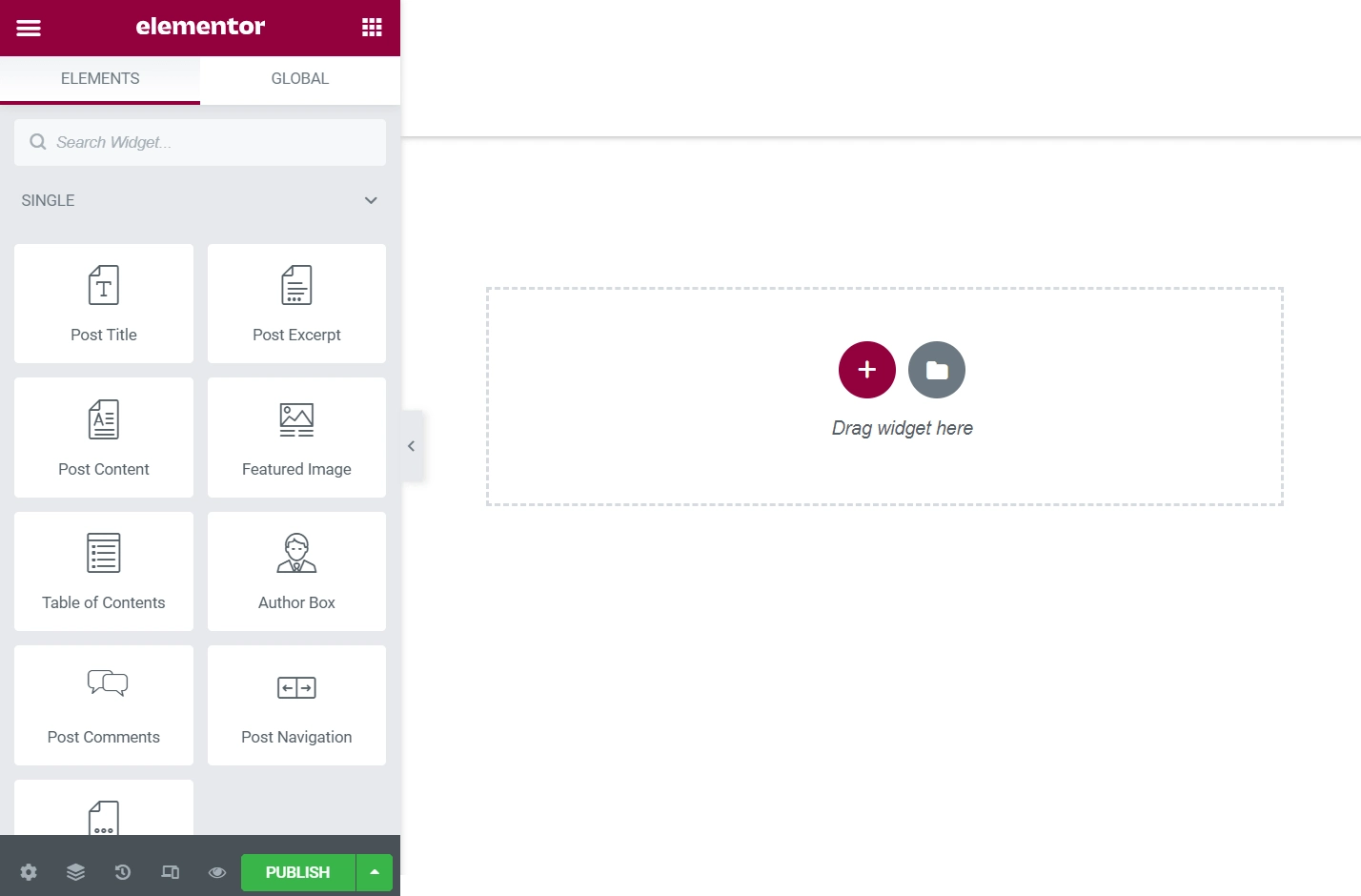 A interface principal para adicionar um modelo de postagem Elementor.
