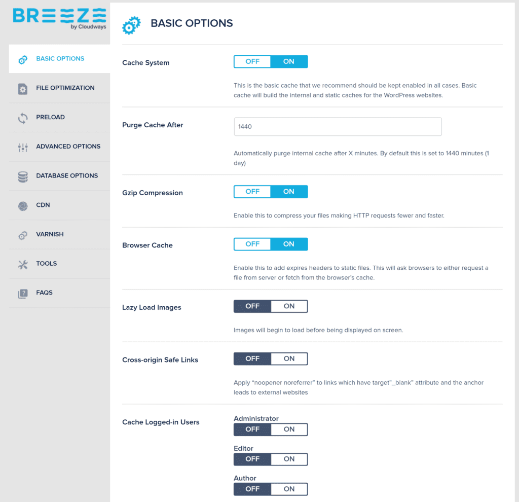Breeze 기본 옵션