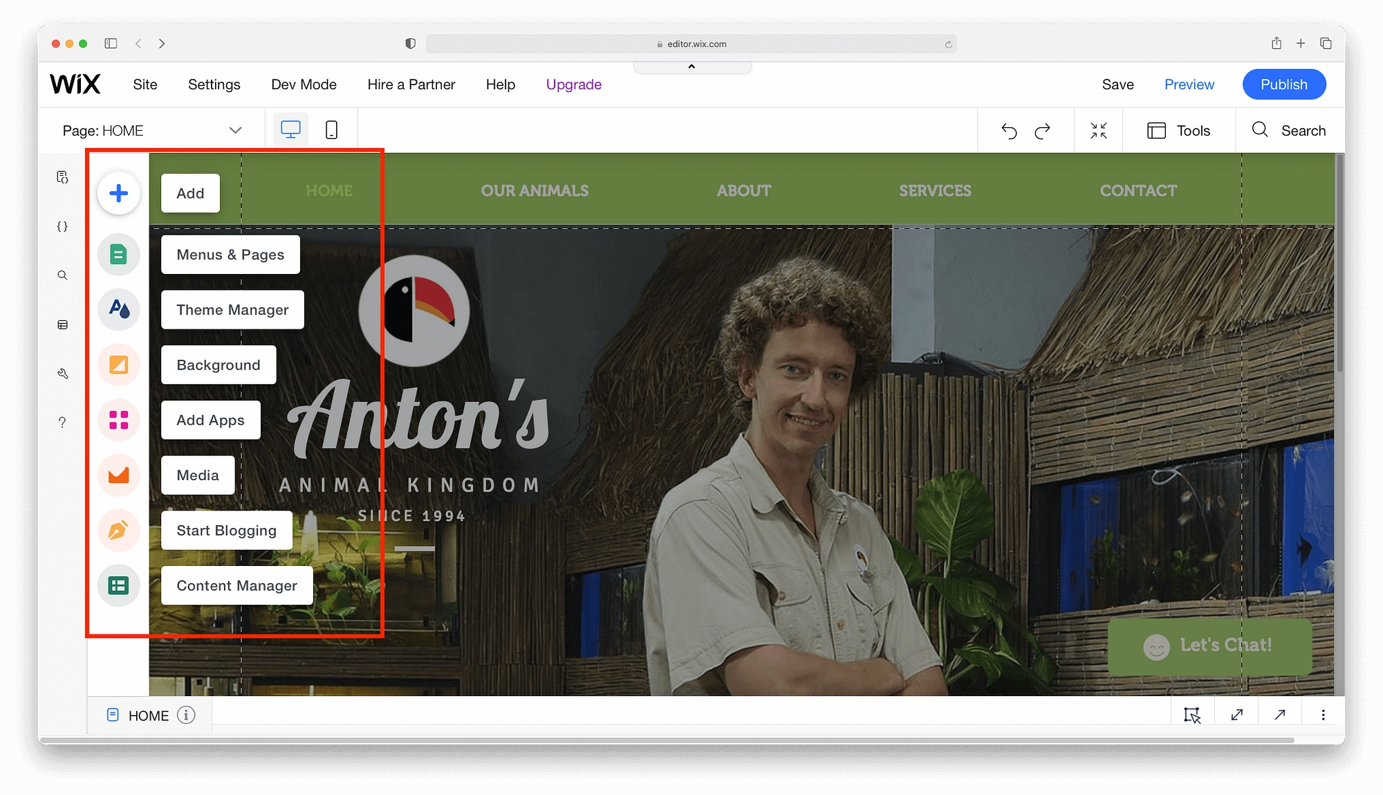 Die Menüoptionen für den Editor von Wix