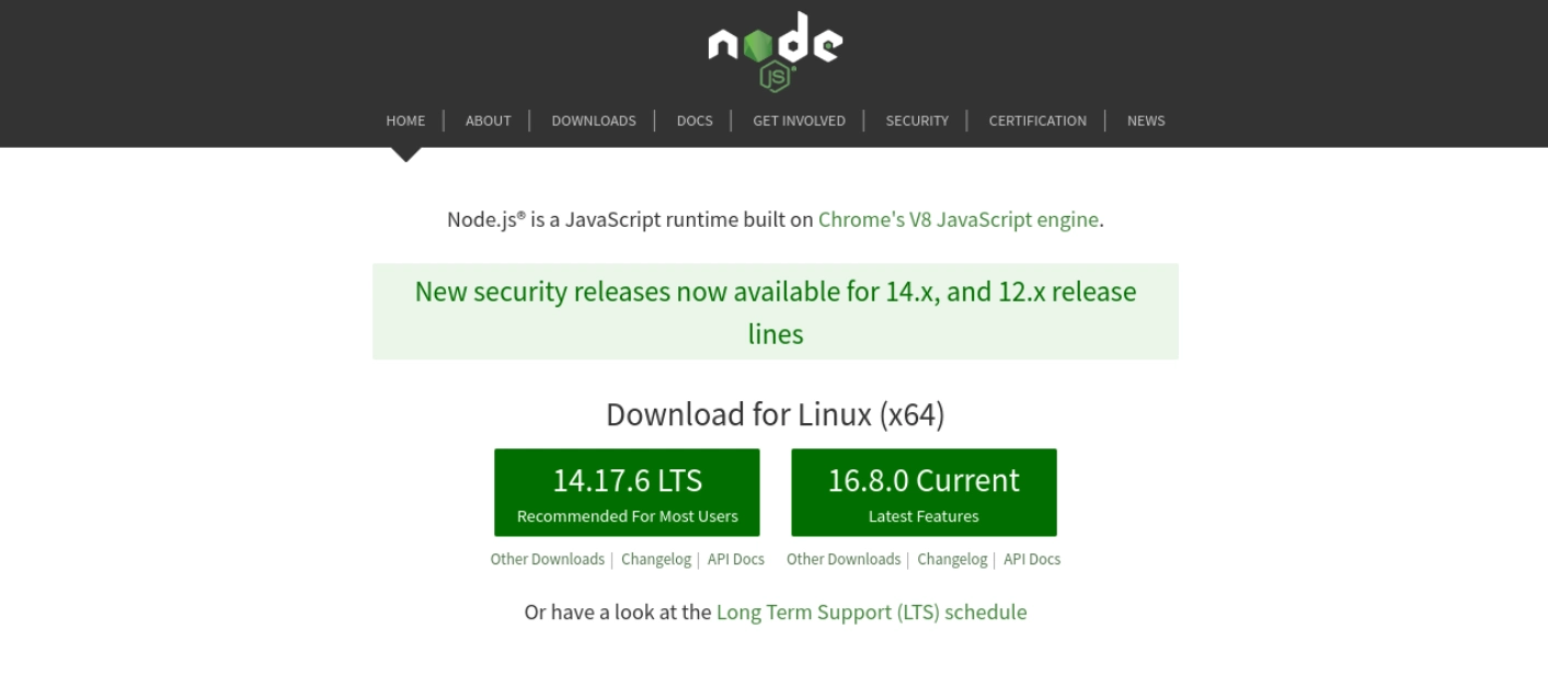 El sitio web de Node.js.