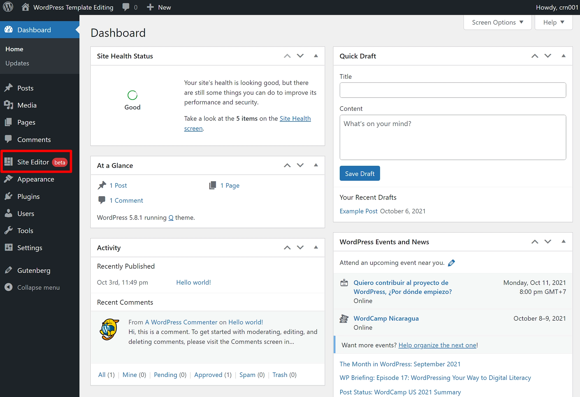 การเข้าถึงตัวแก้ไขไซต์ WordPress