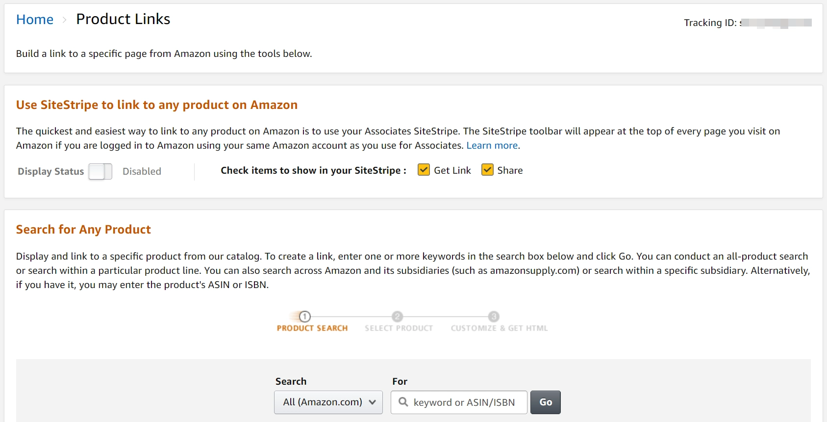 Amazon Associates 計劃的產品鏈接頁面。