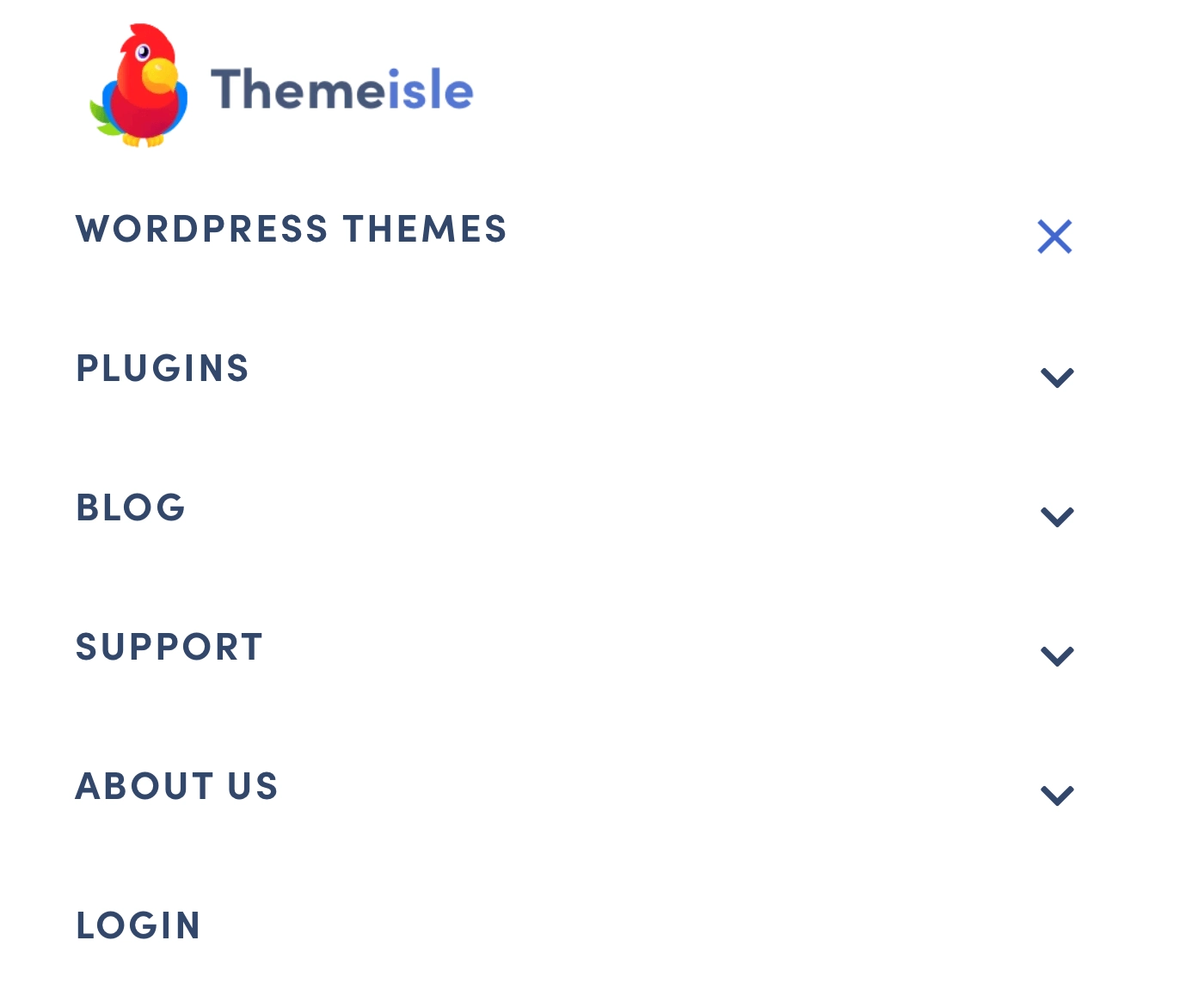 Un exemple du menu de ThemeIsle sur mobile, avec un espacement généreux, pour améliorer l'expérience utilisateur sur les appareils mobiles.