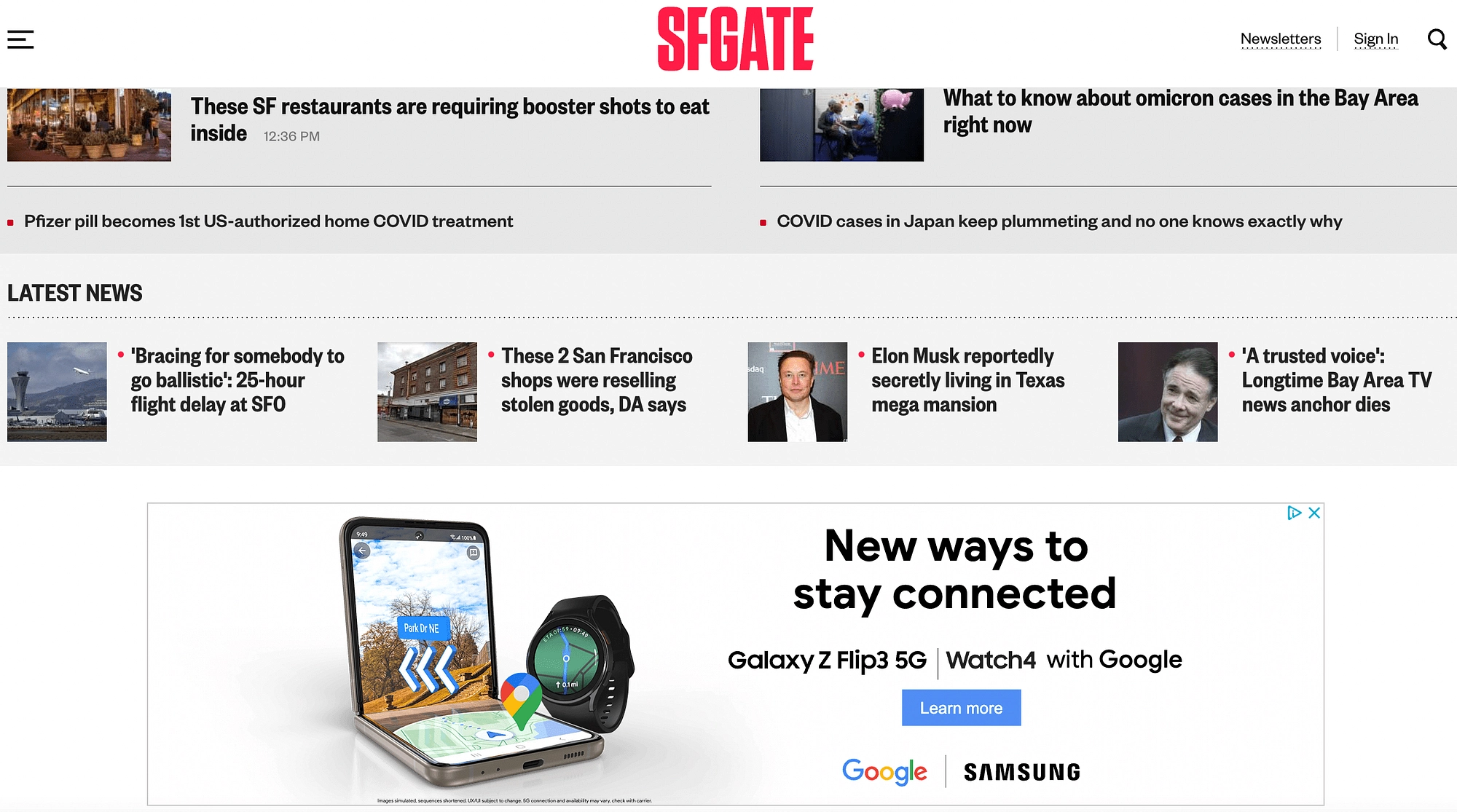 Le site Web de SFGATE avec des publicités dans une seule section, ce qui peut améliorer l'expérience utilisateur.