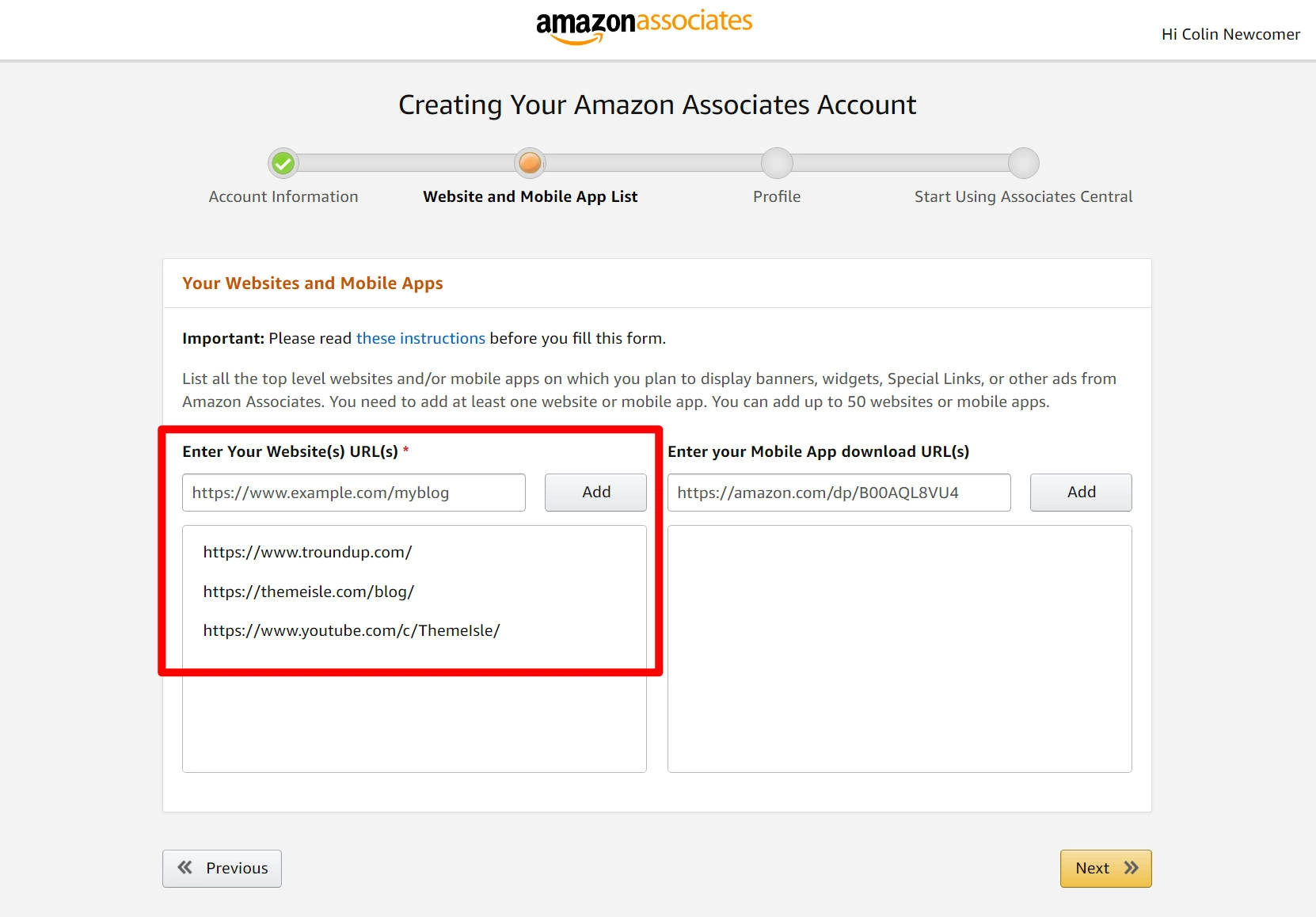 Dodaj strony, na których będziesz promować produkty Amazon