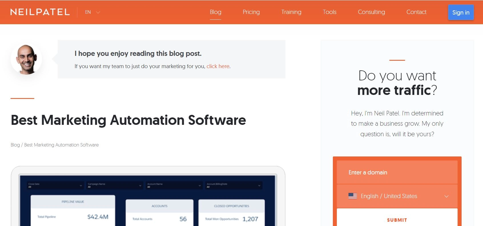 El blog de Neil Patel sobre marketing digital, que es uno de los nichos de blogs más rentables.