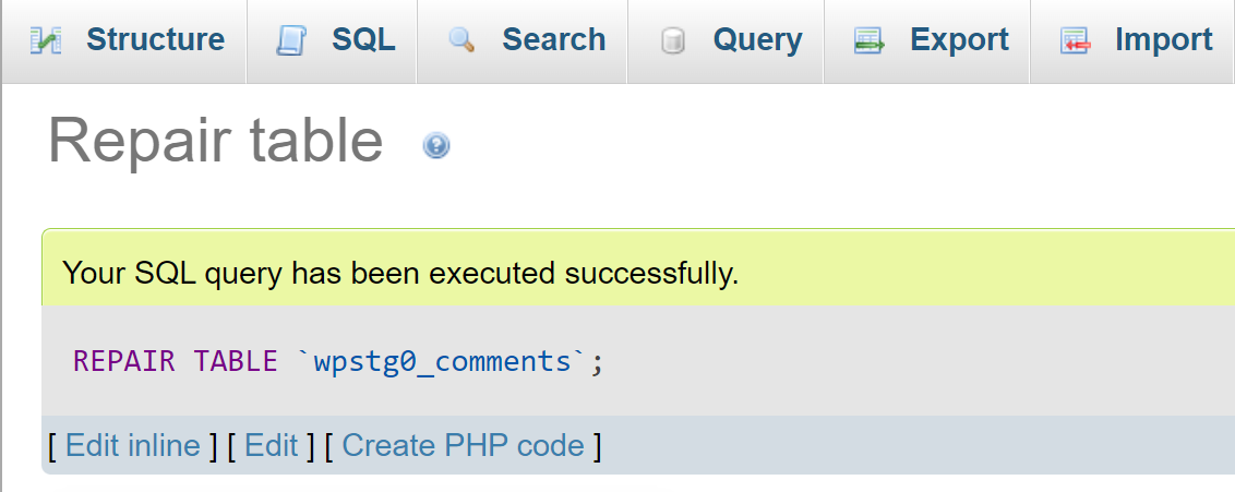 修复表后 phpMyAdmin 中的成功消息