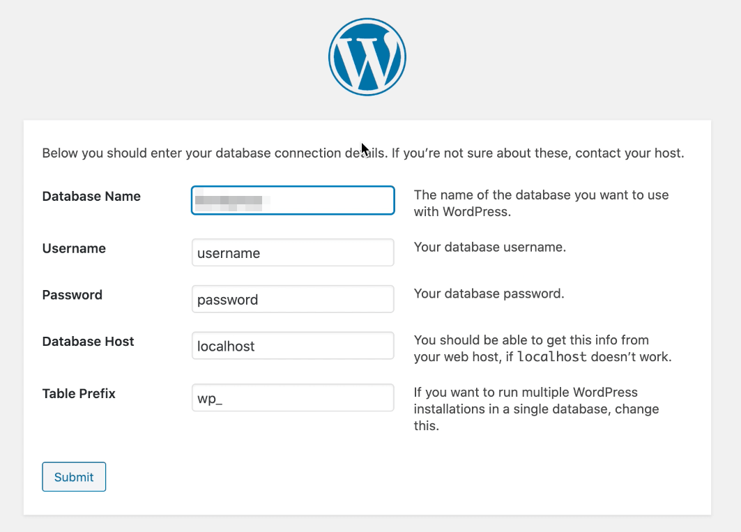 输入 WordPress 数据库凭据