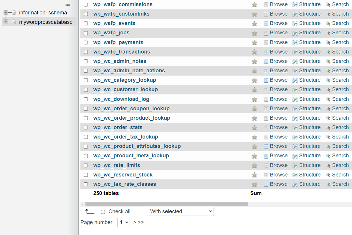 phpMyAdmin 中的 WordPress 数据库