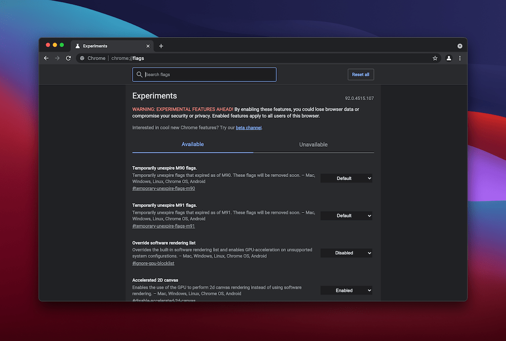 Pagina Flag di Chrome.