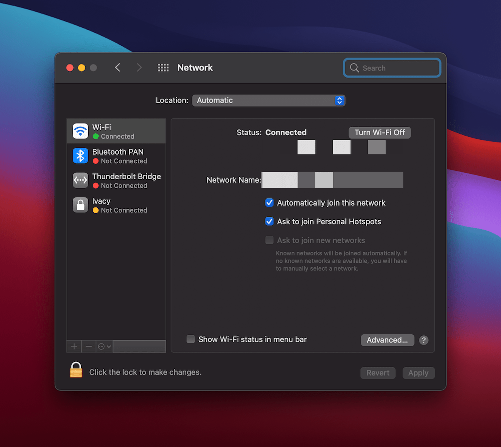 La pagina Rete macOS.