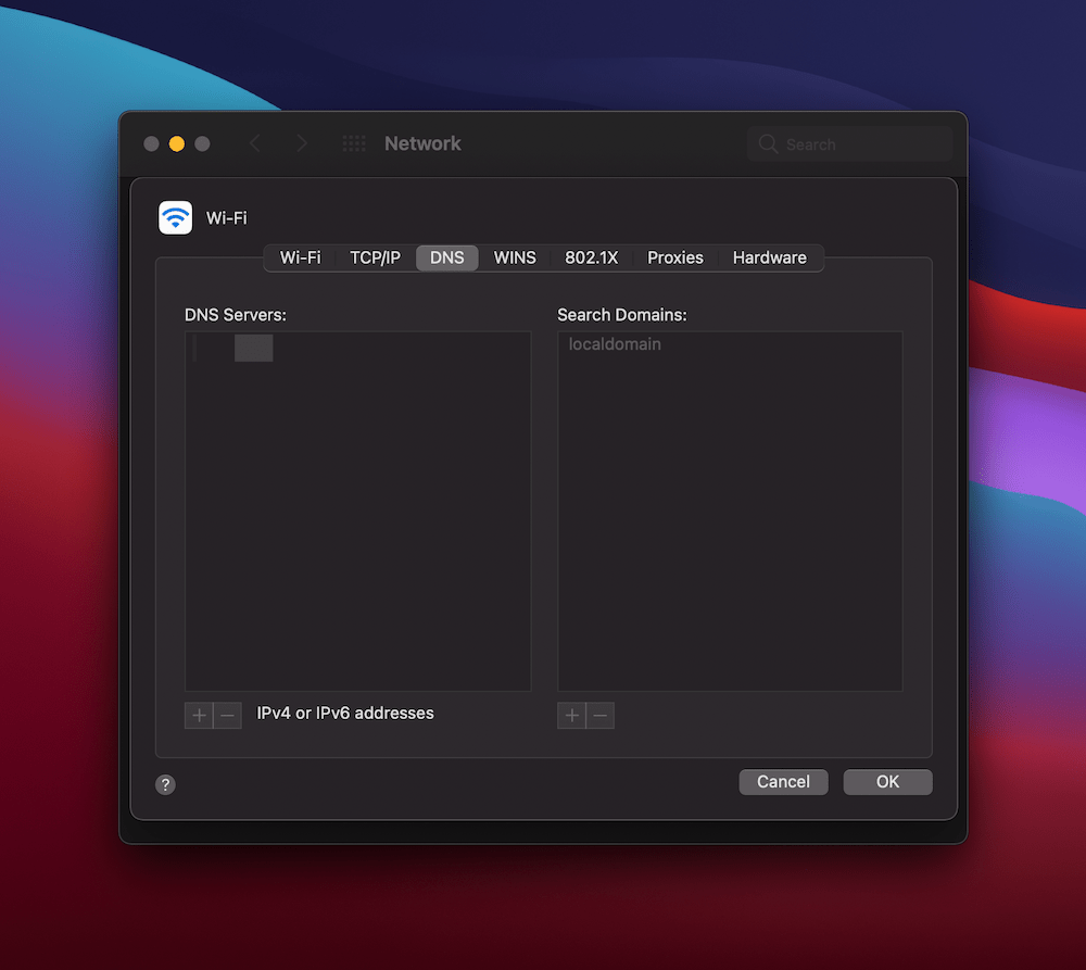 La scheda DNS in macOS.