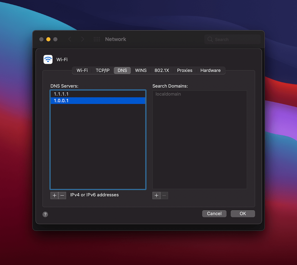 Aggiunta di server DNS in macOS.