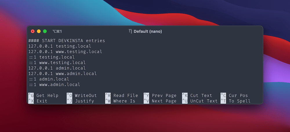 Apertura del file hosts in Nano.