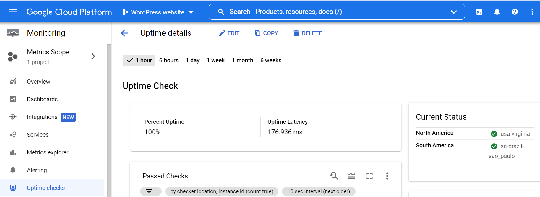 Ejecutar una verificación de tiempo de actividad con la consola de Google Cloud.