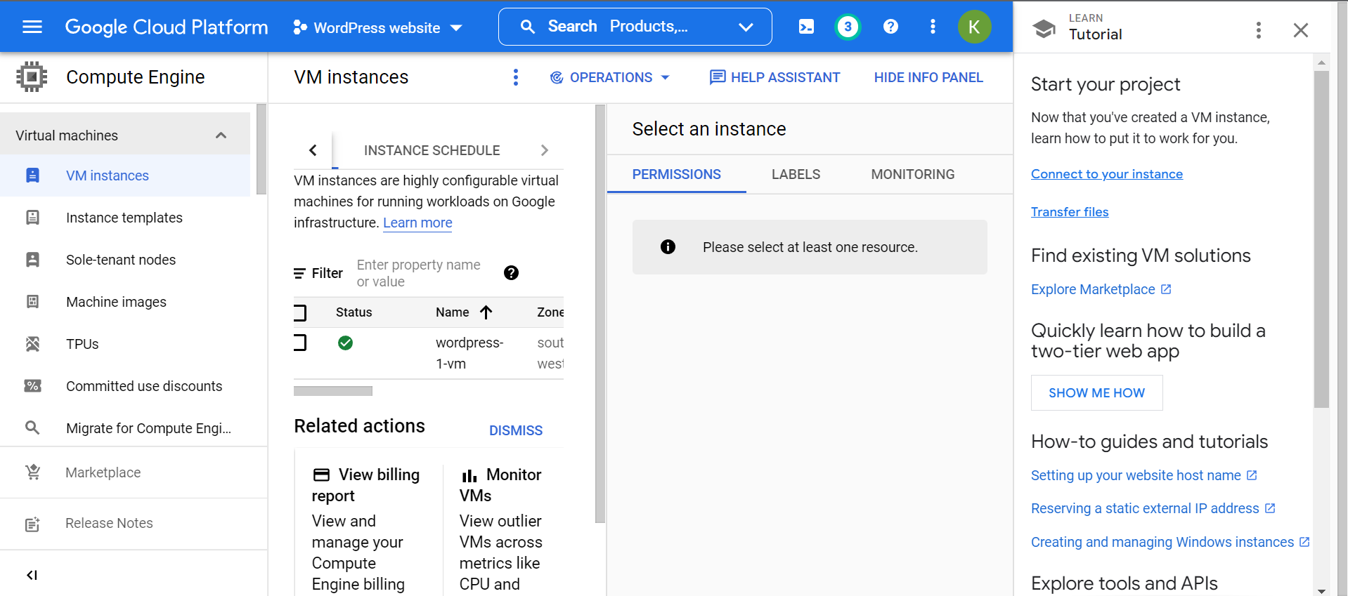 Instancias de VM en la consola de Google Cloud.