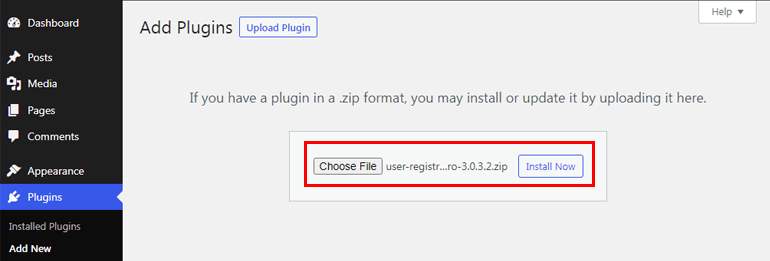 Pilih File Zip Pendaftaran Pengguna dan Instal