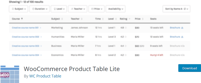 WooCommerce 제품 테이블