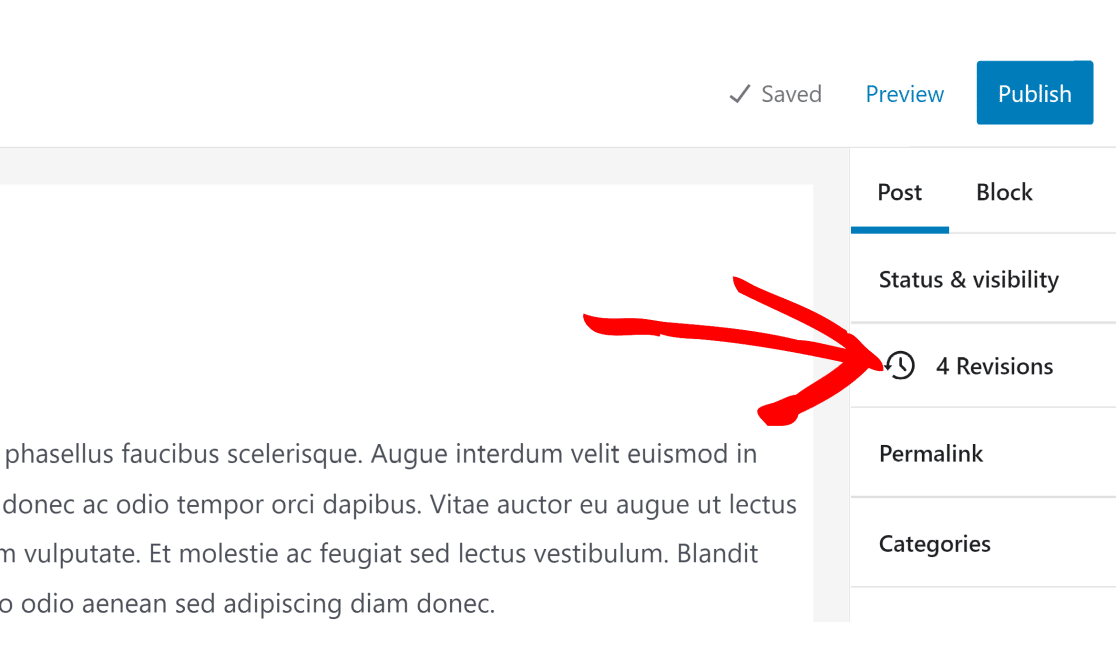 WordPress revizyonları düğmesi Gutenberg