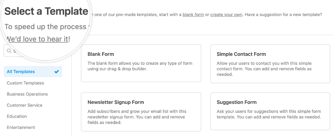 เลือกส่วนเทมเพลตใน WPForms