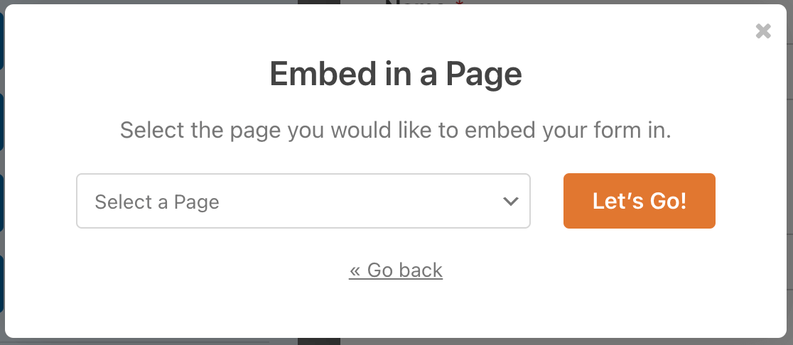 Selecione a opção de página existente com um grande botão Vamos lá